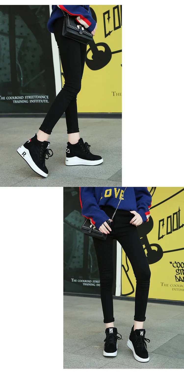 Теплые плюшевые женские зимние кроссовки; повседневная обувь на скрытом каблуке; женская обувь на танкетке из искусственной кожи со шнуровкой; черные кроссовки на платформе; XU055