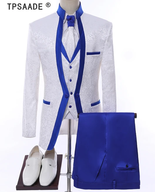 

White Royal Blue Rim Stage Clothing For Men Suit Set Mens Wedding Suits Costume Groom Tuxedo Formal (Jacket+pants+vest+tie)