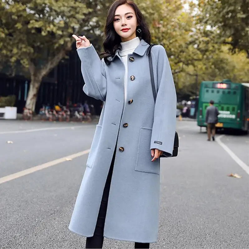 Blue Осеннее и зимнее двустороннее шерстяное пальто женское длинное пальто с отворотами на талии шерстяное пальто большого размера свободное утепленное - Цвет: Blue