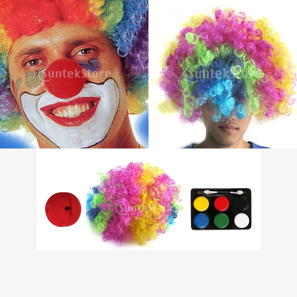 Clown Joker Jester Costume Set Colorful Wig + Red Nose + Face Makeup Paints