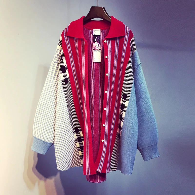 

[EWQ]2019 Autumn Winter New Full Seelve Turn-down Collar Striped Stitching Sweater Korea Style Plus Size Knitted Coats19N-a24