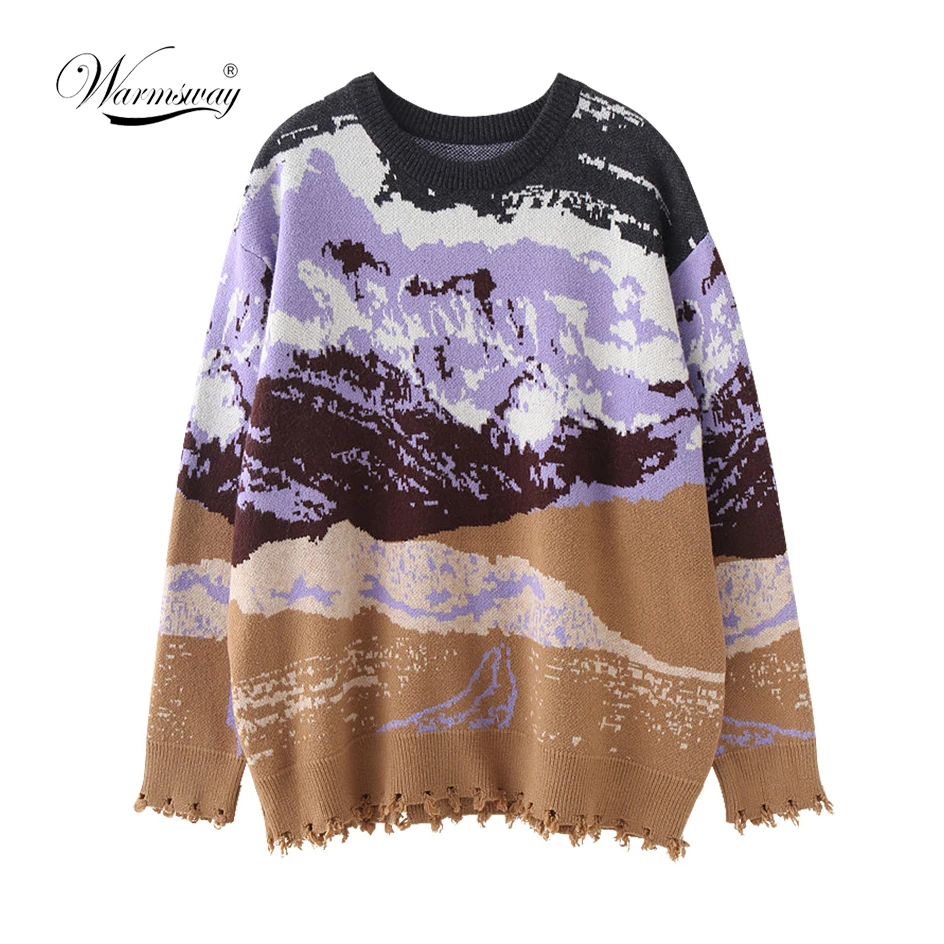

Sale promotion Women Jacquard-knit Sweater Dropped Shoulder Oversize Pullover Snow Mountain Landscape Sweater C-004