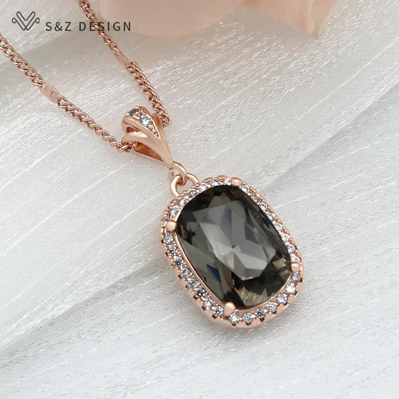 S&Z DESIGN Trendy Cubic Zirconia Square Crystal Pendant Necklace For Women Wedding 585 Rose Gold Color Fashion Jewelry