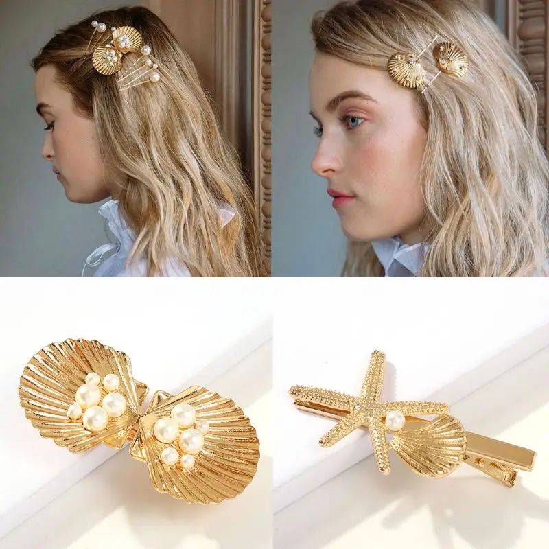 Marine Style Women Metallic Gold Duckbill Hair Clip Faux Pearl Rhinestone Starfish Shell Hairpin Beach Holiday Wedding Barrette