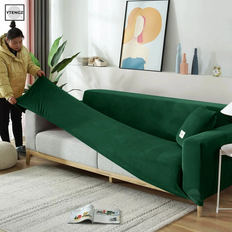 Solid color Thick Velvet Sofa Covers for living Room Warm Sofa Towel Green Slip-resistant Sofa Cover Strech Sofa Slipcover 4