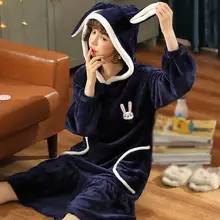 Зимние теплые женские ночные халаты, однотонные коралловые флисовые Мультяшные длинные уши, Кролик, розовый, серый цвет, длинный рукав, домашняя одежда, ночная рубашка, Халат