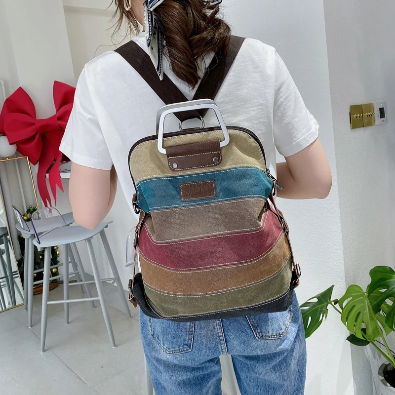 Manjianghong Canvas Striped Women Handbag Patchwork Rainbow Shoulder Bag Fashion Female Multi Functional Bag Sac a Main Backpack