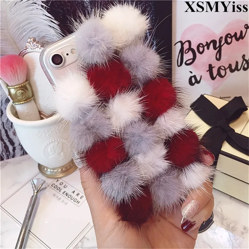 

For iphone X Xs Max XR 7 8 6 6S Plus 11 Pro MAX Cute Mink Hair Ball Fluffy Fur Hair Soft TPU Clear Case Bling Diamond Back Cover