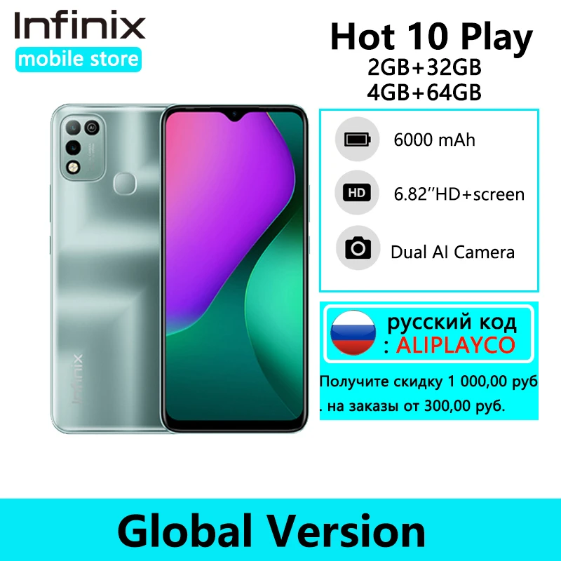 Global Version Infinix Hot 10 Play 4GB 64GB 6000mAh Battery Smartphone 6.82'' HD+ Display Helio G25 13MP AI Dual Rear Camera infinix new