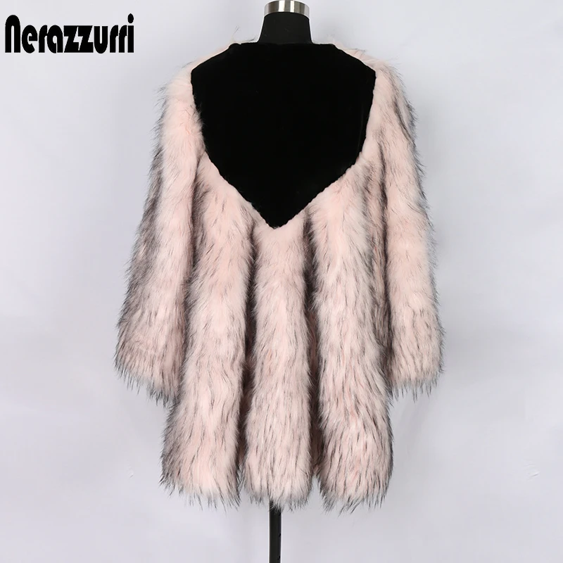 

Nerazzurri pink faux fox fur jacket thicken warm swing coat for winter plus size faux fur coat women 5xl 6xl 7xl fluffy jacket