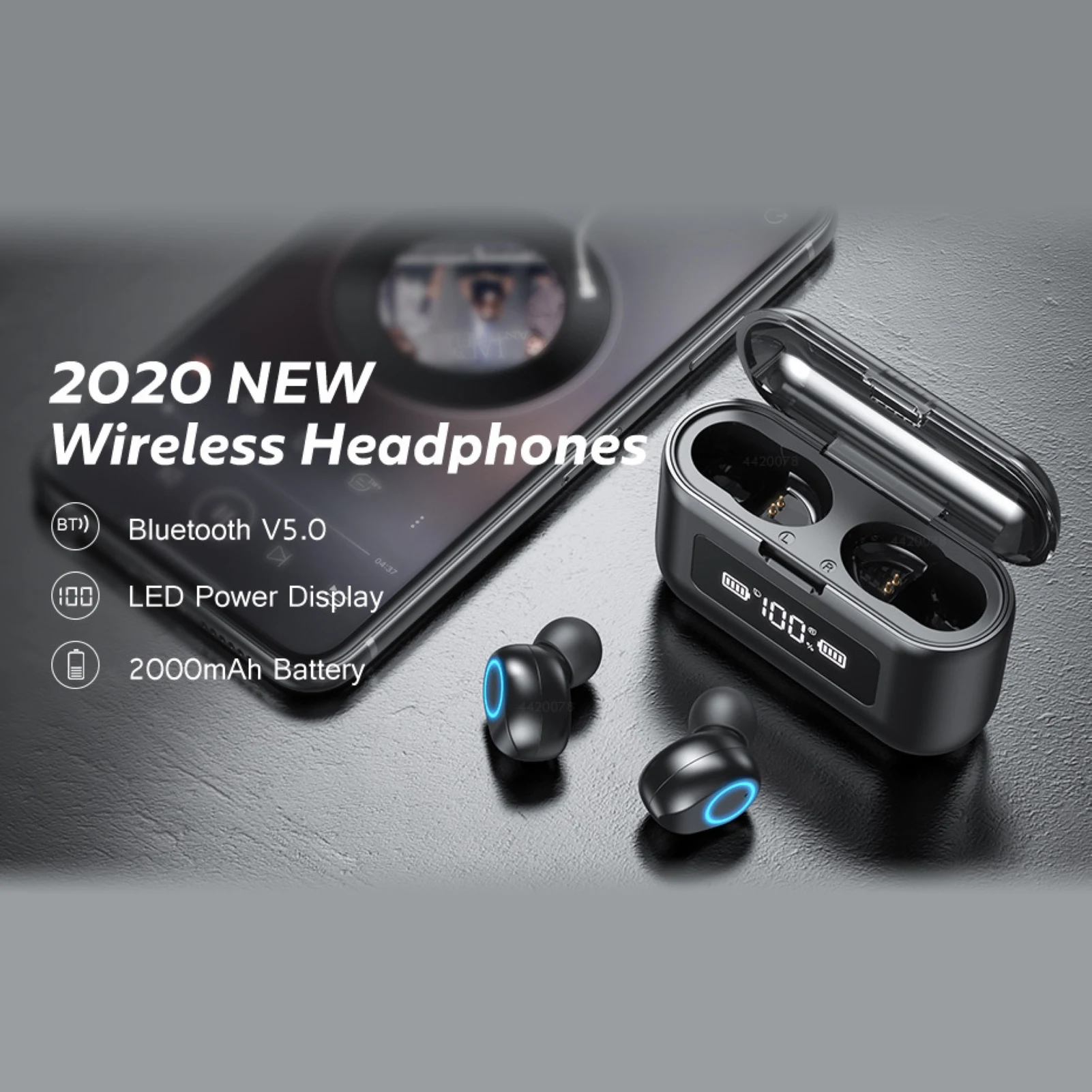 Wireless Bluetooth Headphone LED Power Digital Display IPX7 Waterproof Earphone Lightweight with 2000mah Charging Bin Earbud