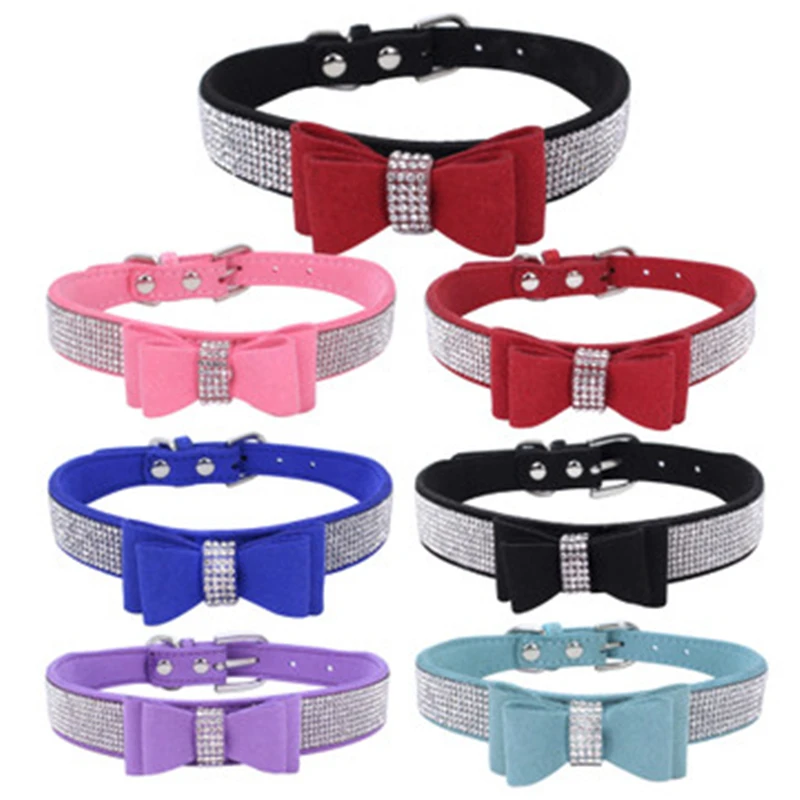 

Rhinestone Microfiber Pet Collar Bow Tie Necklace Small Medium Cat Dog Collar Dog Leash Jewelry Accessories Collar Perro