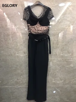 

High Quality New 2020 Spring Runway Jumpsuits Women Sexy Sheer Polka Dot Mesh Patchwork Short Sleeve Strap Jumpsuit Rompers