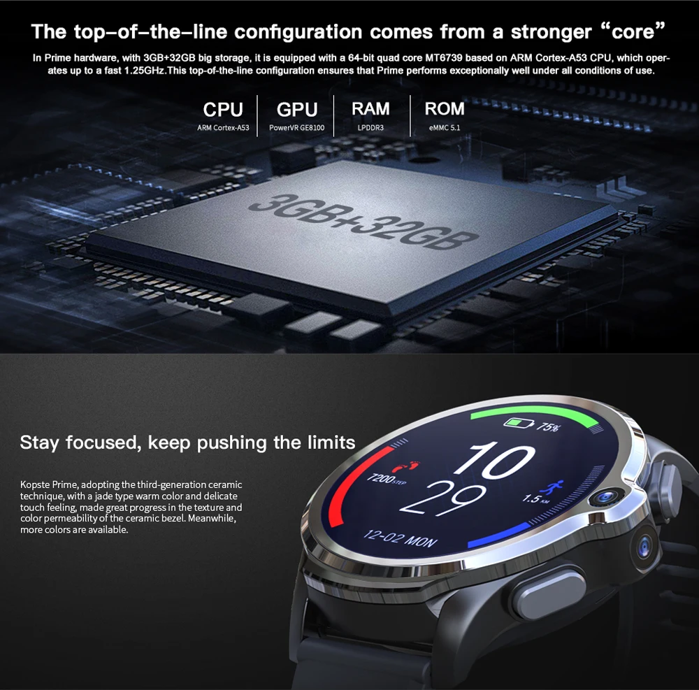 Kospet Prime керамический Безель 1,6 ''экран 4G LTE Android 7,1 Смарт-часы двойная камера gps Wifi 1260mA батарея 32G rom разблокировка лица