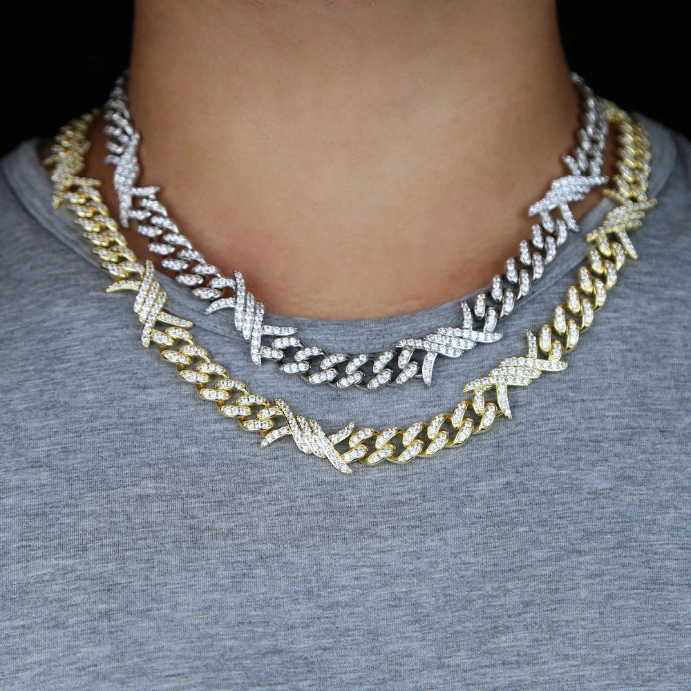 New arrived miami cuban chain necklace with bling cz barbed wire