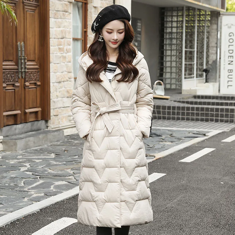 

Winter Women's Quilted Jacket Korean Style Hooded Slim Fit Long Solid Color With Sashes Belts Down Cotton Padded Coat Outerwear