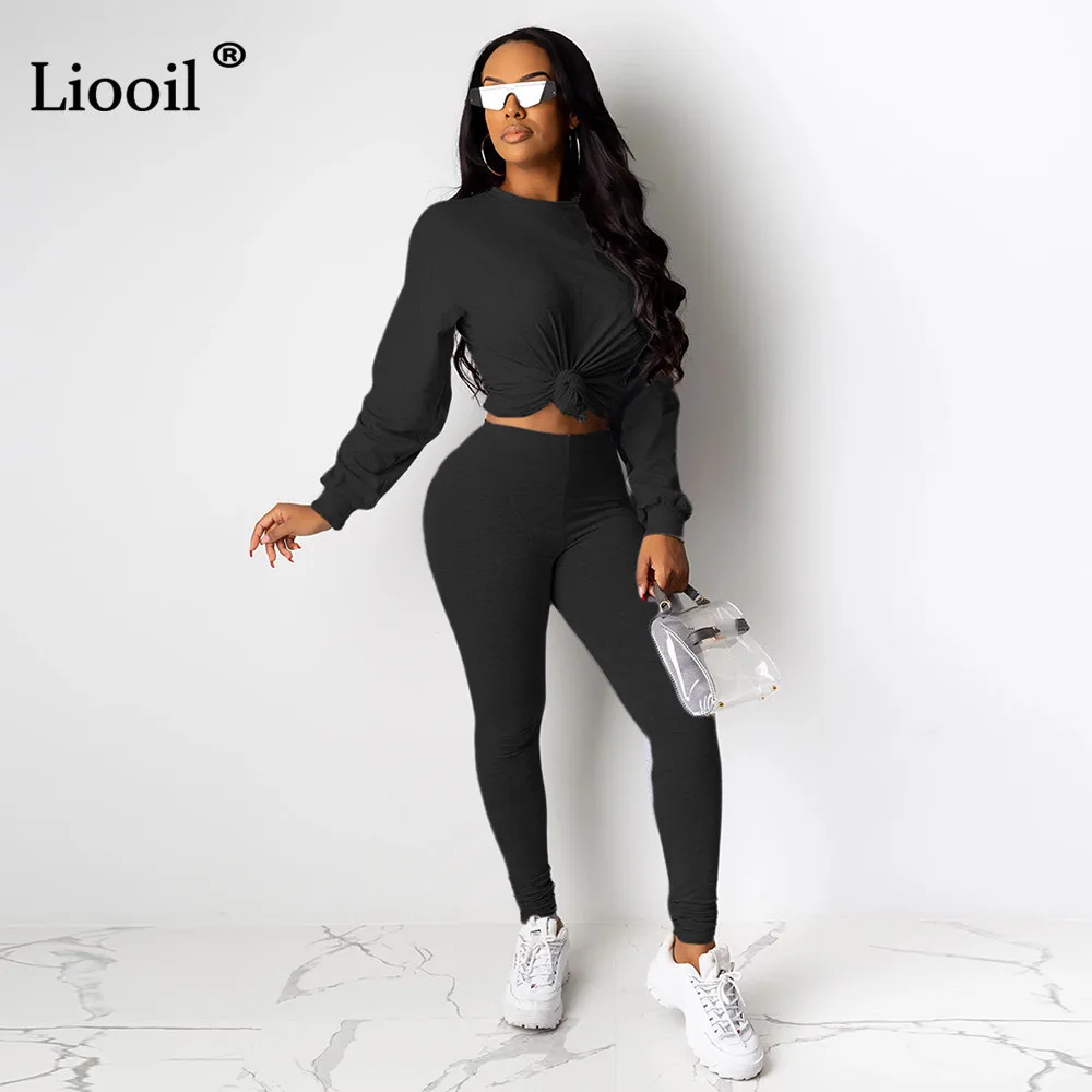 Liooil, однотонный спортивный костюм, женский комплект из двух предметов, Осень-зима, свитер с круглым вырезом и длинными рукавами и брюки-карандаш, спортивные комплекты