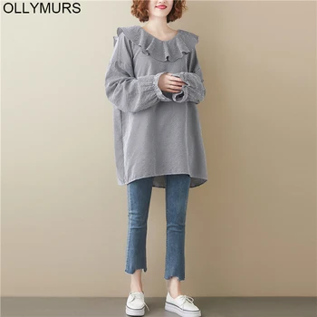 

Plus Size Women Tee Shirt Cotton Vintage Plaid Elegant Lady Tops 2020 New Summer Tunic Casual Loose Oversize Ruffles Clothing