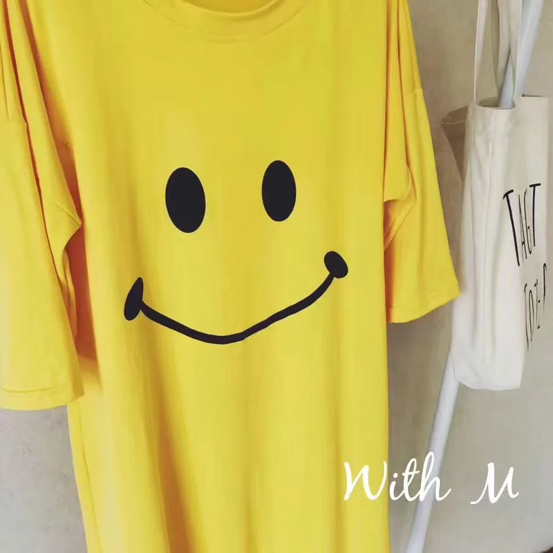 

2019 Photo Shoot Summer Women's Cute Smiley Loose Short Sleeve Nightgown-Outer Wear Dress Women's Summer Casual Printed