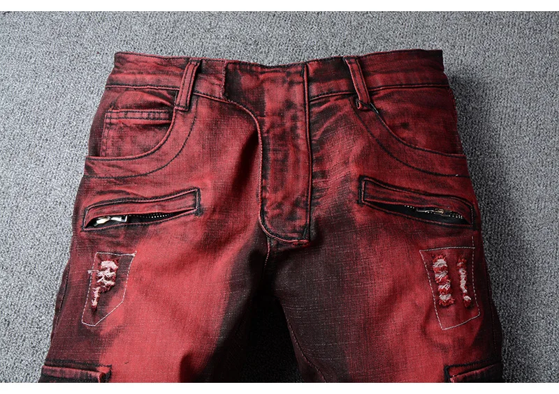 melk wit haakje Communistisch New Fashion Men's Jeans Wine Red Spliced Slim Holes Ripped Jeans for Men  Big Pocket Cargo Pants High Street Trousers Biker Jeans - AliExpress Men's  Clothing