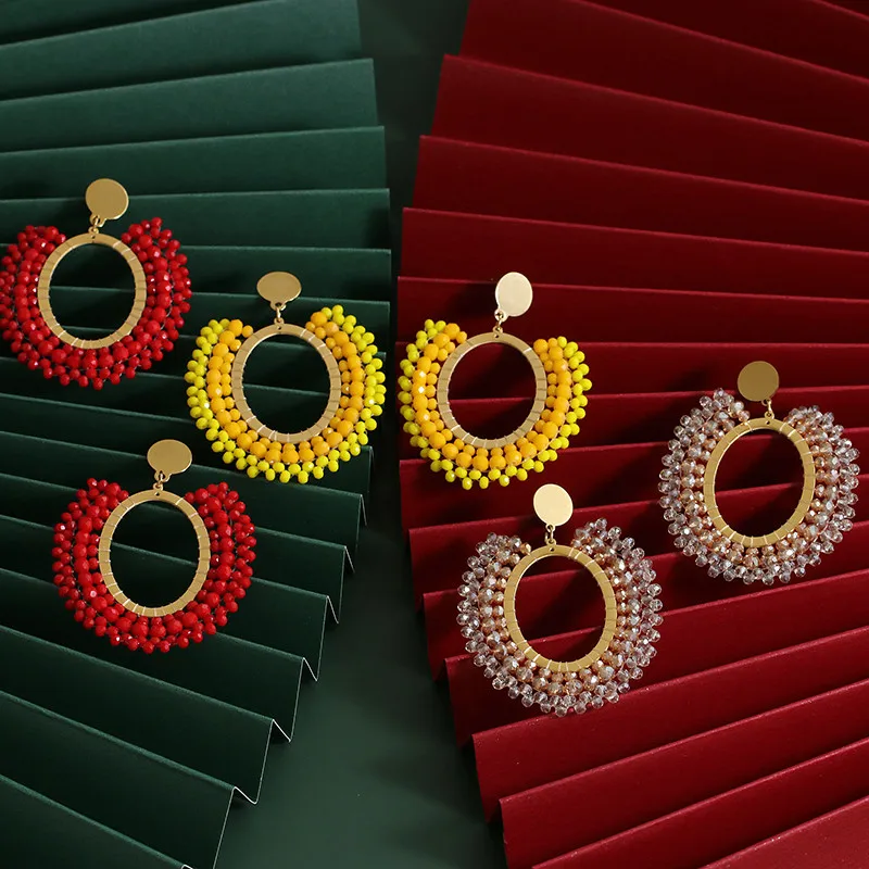 JUJIA 2020 New Ethnic Geometric Pendant Earrings Beaded Drop Earrings Unique Design Resin Acrylic Hanging Dangle Earring Brincos