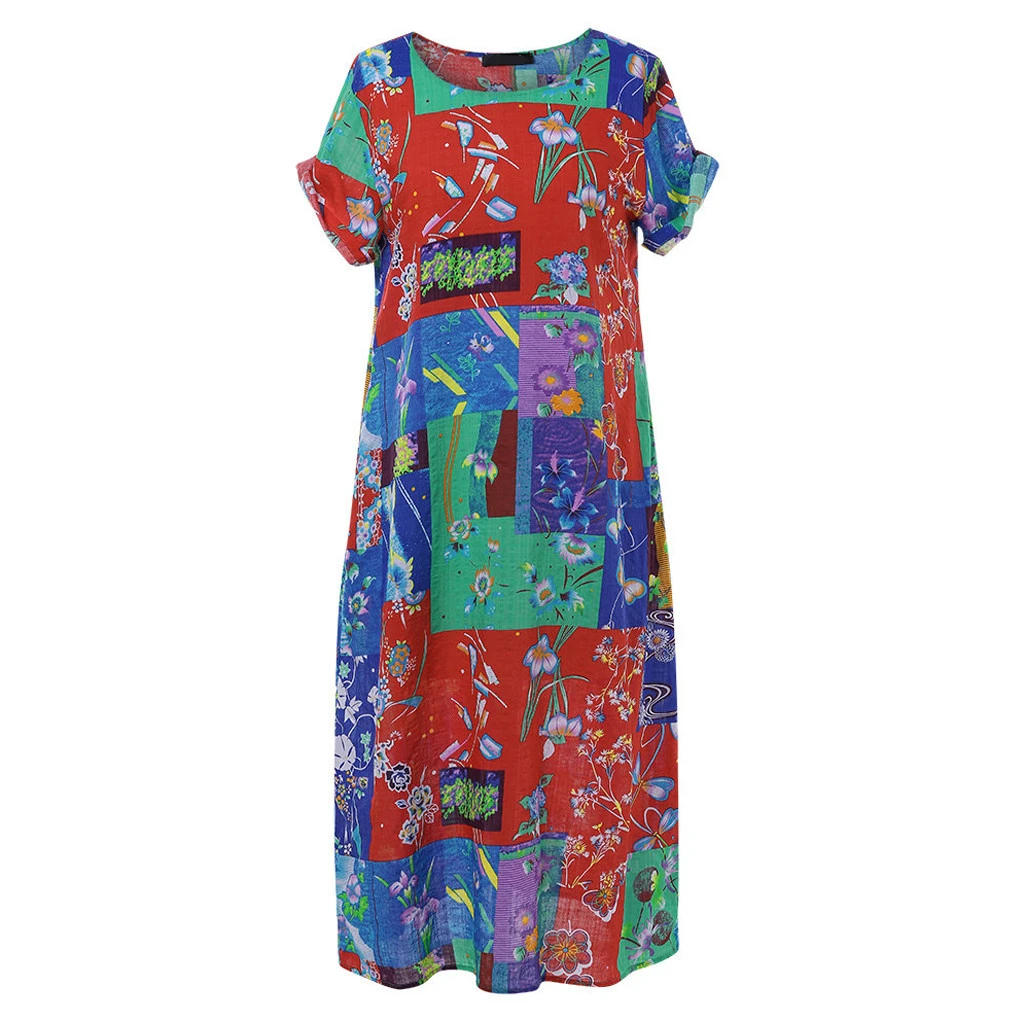 JAYCOSIN 2019 Fashion Dress Women Vintage Bohemian Print Short Sleeve O-Neck Plus Size Maxi Dress Girls Color Loose Female 724