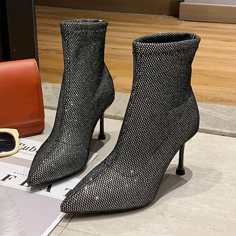 

Black Silver Ankle Elastic Sock Boots Women 2020 Pointed Toe Thin Heel Boots Stretch Women Winter Shoes Sexy Booties Woman RH1-1