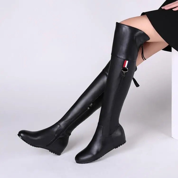 

Skin over knee boots, round head, flat bottom, increase boots, zipper boots, high boots, black head leather, 4cm