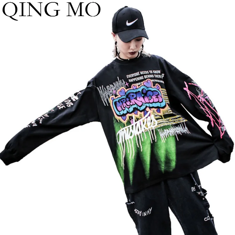 QING MO, женские черные пуловеры, толстовка, осень, Womem, с буквенным принтом, индивидуальная толстовка, Уличная Стиль, ZQY1315