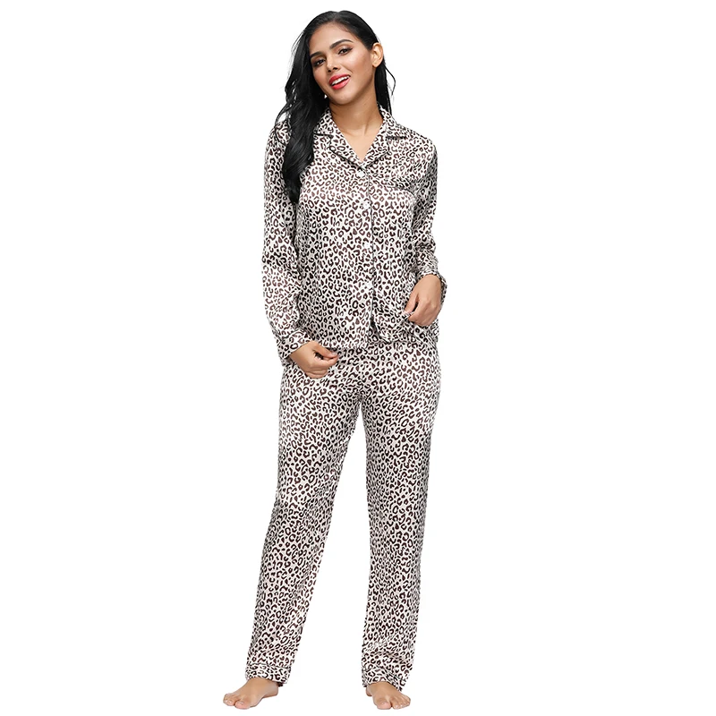 Comeondear женские леопардовые теплые пижамные комплекты с длинным рукавом, шелковые атласные повседневные пижамы, осенняя одежда с карманами, Дамская Ночная одежда RB80895