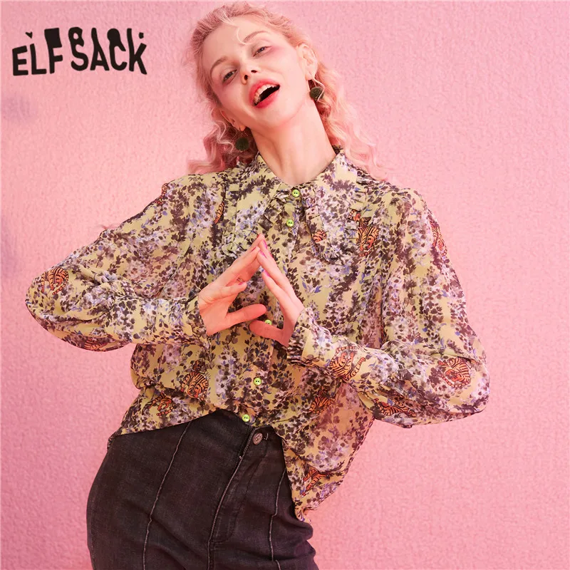 ELFSACK, зеленый тигр, принт, китайский стиль, жабо, шифон, блузка, рубашка, для женщин,, зима, одна кнопка, фонарь, рукав, женские топы