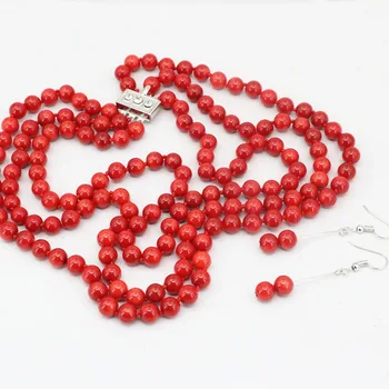 

Smooth 3 rows necklace dangle earrings 7mm natural red coral round beads jewelry set for women weddings gifts Jewel 17-19" B3455