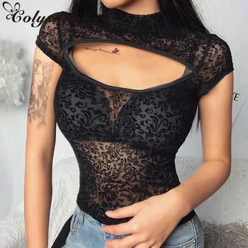 

Colysmo Leopard Print Tops Womens Summer Short Sleeve Sexy Hollow Out See Through Mesh Blouse Women Casual Streetwear Black
