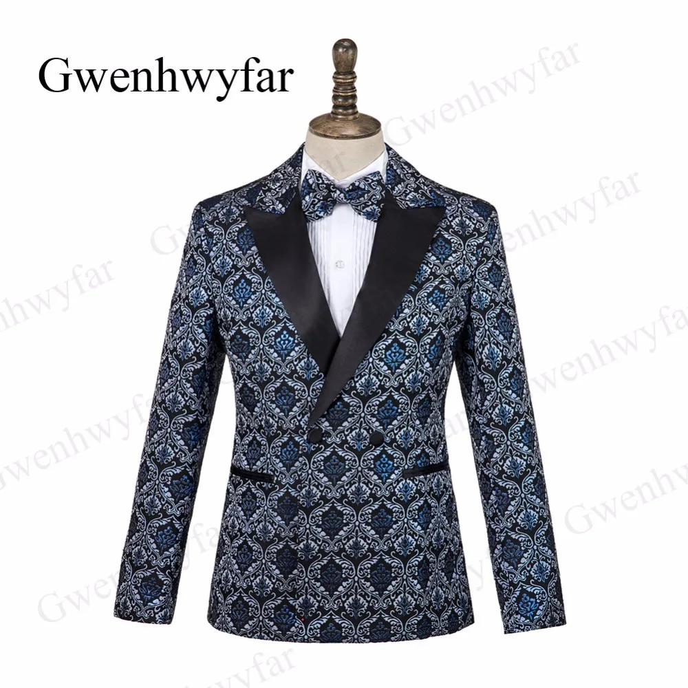 Gwenhwyfar мужской модный двубортный костюм синий цветочный Jacqaurd высококачественные для жениха костюмы для вечеринки Выпускной сценический костюм певица