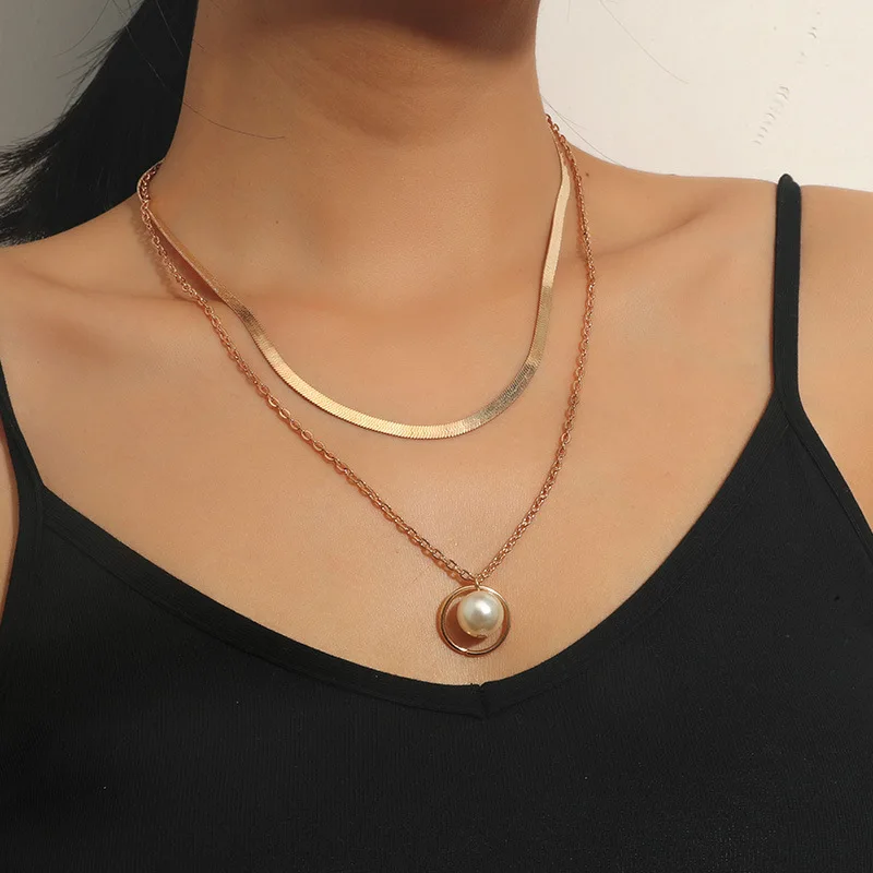 

2021 New Fashion Kpop Pearl Choker Necklace Cute Double Layer Chain Pendant For Women Jewelry Accessories Girl Gift