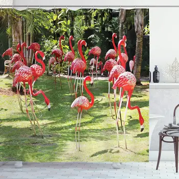 

Flamingo Shower Curtain, Flamingo Bird Model in The Garden in Vibrant Colors Under Sun Rays Shadows, Cloth Fabric Bathroom Decor