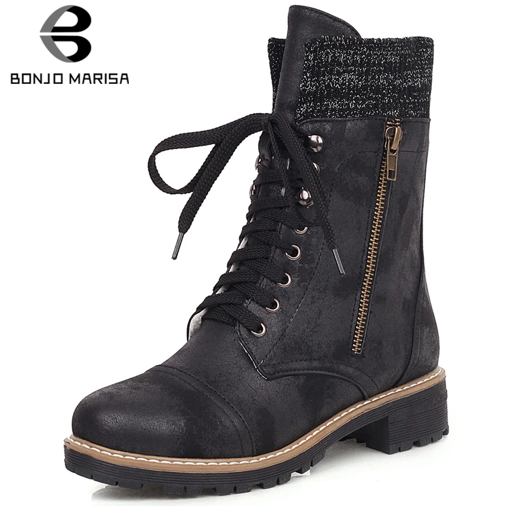 

BONJOMARISA New 33-42 Cool Retro Platform Boots Ladies Vintage lace-up Ankle Boots Women 2019 Med Heels Shoes Woman