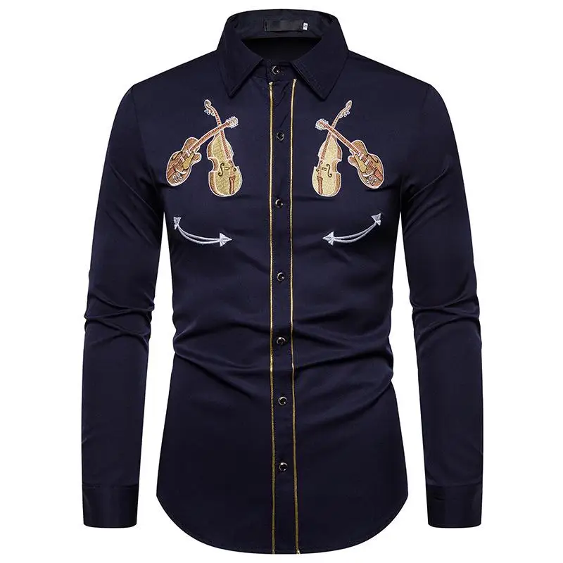 Navy 1314-P45-A52 Повседневная роскошная мужская рубашка платье роза цветок череп скрипка вышивка мужские рубашки с длинным рукавом Блузка для мужчин новинка - Цвет: Navy 1314-P45-A52