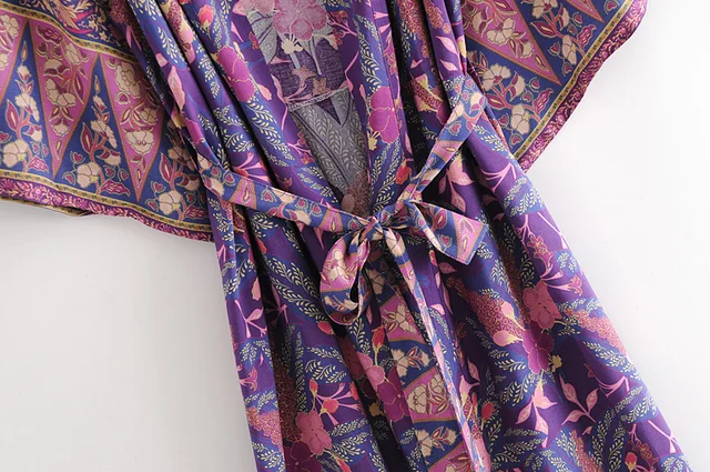 Vintage chic Women purple Floral Print Sashes bohemian Kimono Ladies V Neck batwing Sleeves rayon Boho Maxi  happie dress robe 4