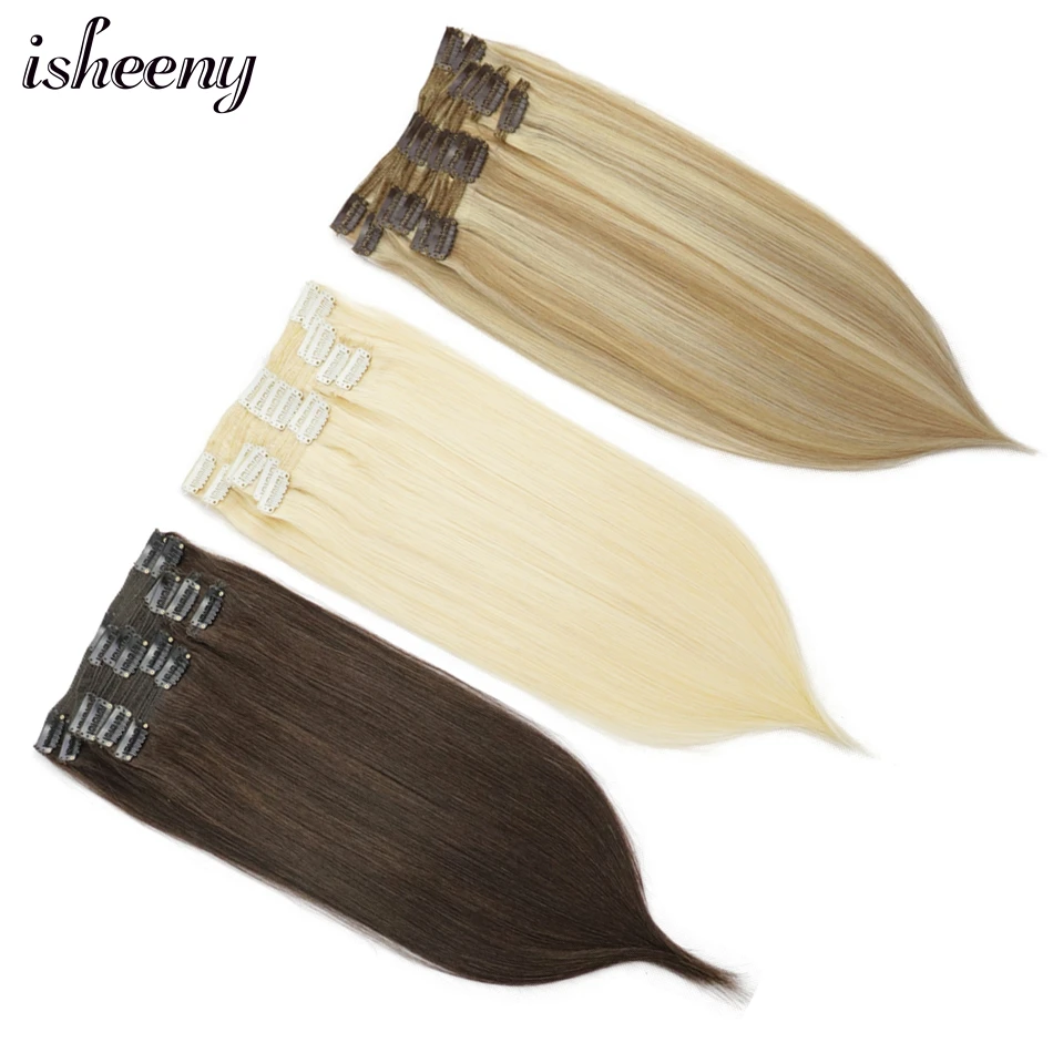

Isheeny 14"-22" Clip in Human Hair Blonde Seamless Hair Remy Clip Extensions Black Full Head Brazilian Pure Brown Color 80g-160g