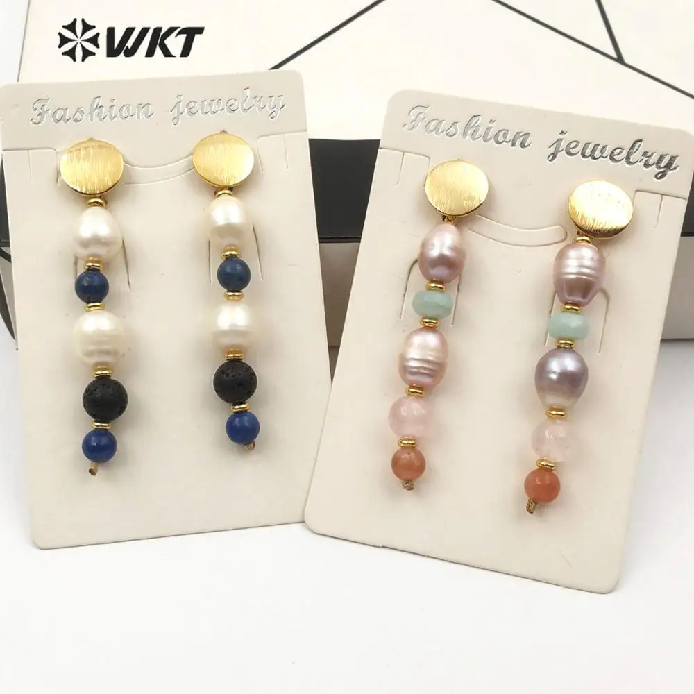 

WT-E570 Natural Freshwater Pear Earring With Natural Stone Beads Gold Electroplated Stud Sea Shell Fashion Jewelry For Woman