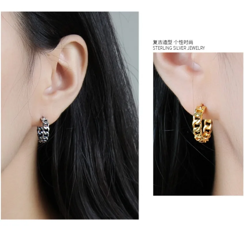 Vintage Real 925 Sterling Silver Earrings Woman Link Chain Shaped Punk Antique Silver Hoop Earring Female Decoration EF236