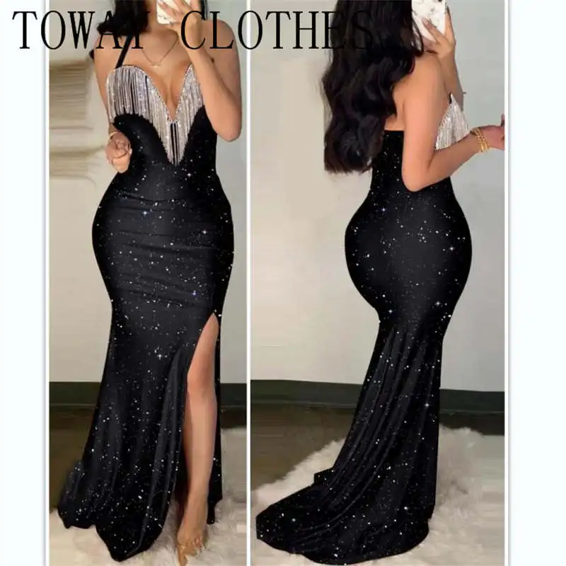 

NEW Halter High Slit Tassel Design Glitter Mermaid Evening Dress Women Elegant Party Sexy Club Maxi Long Dresses