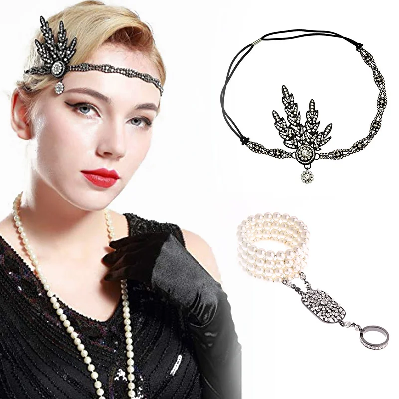 1920's Flapper Great Gatsby женский арт-деко Вдохновленный лист медальон жемчужный головной убор повязка на голову вечерние аксессуары свадебные Tia