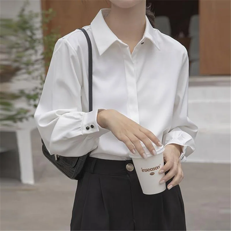 Aelegantmis Soft Office Lady White Shirt for Women Blouse Turn-down Collar OL Woman Blouse Covered Button Design Femme Tops New 4