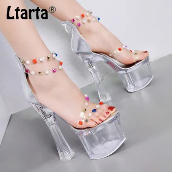 

LTARTA Summer Sexy Ultra-high Heel Hollow Women's Shoes Thick Heel Transparent Crystal Colored Rivet Women's Sandals CWF