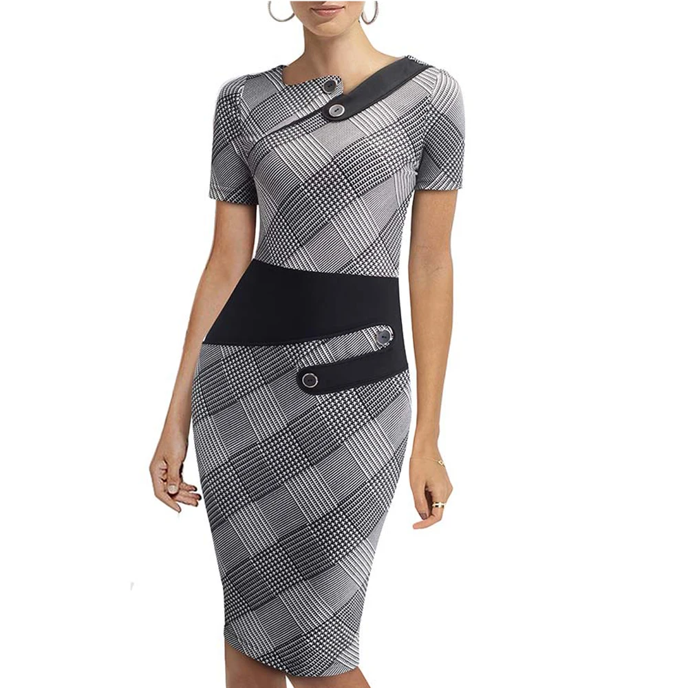 

Summer Tunic Women Formal Work Office Sheath Patchwork Line Asymmetrical Neck Knee Length Pencil Dress EB527