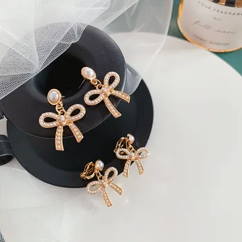 

Korean Elegant Bowknot Simulated Pearl Earrings for Women Girls Gold Color Metal Hollow Out Big Statement Drop Earrings Jewelry