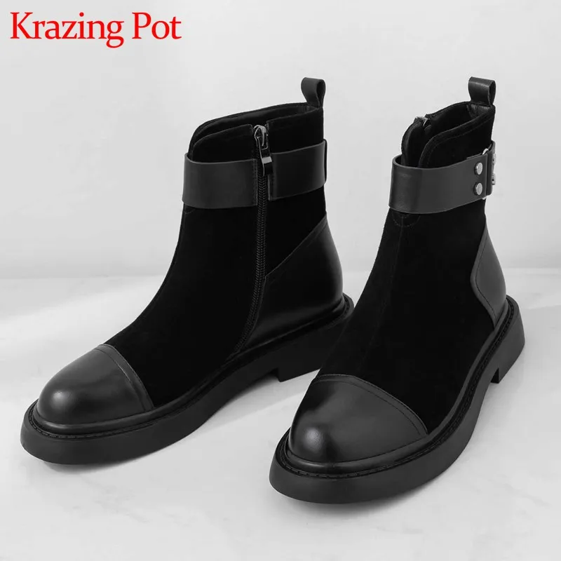 Krazing Pot/Лоскутные ботинки из коровьей кожи с заклепками и ремешками с пряжкой; удобные зимние теплые ботильоны на низком каблуке с круглым носком и боковой молнией; L23