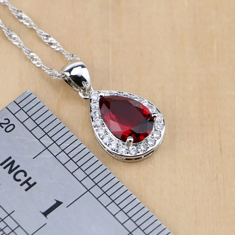 Silver Jewelry Set Jewelry Set Silver Jewelry Water Drop 925 Jewelry Red Ruby White Topaz Women Long Earrings/Pendant/Necklace/Rings/Bracelet